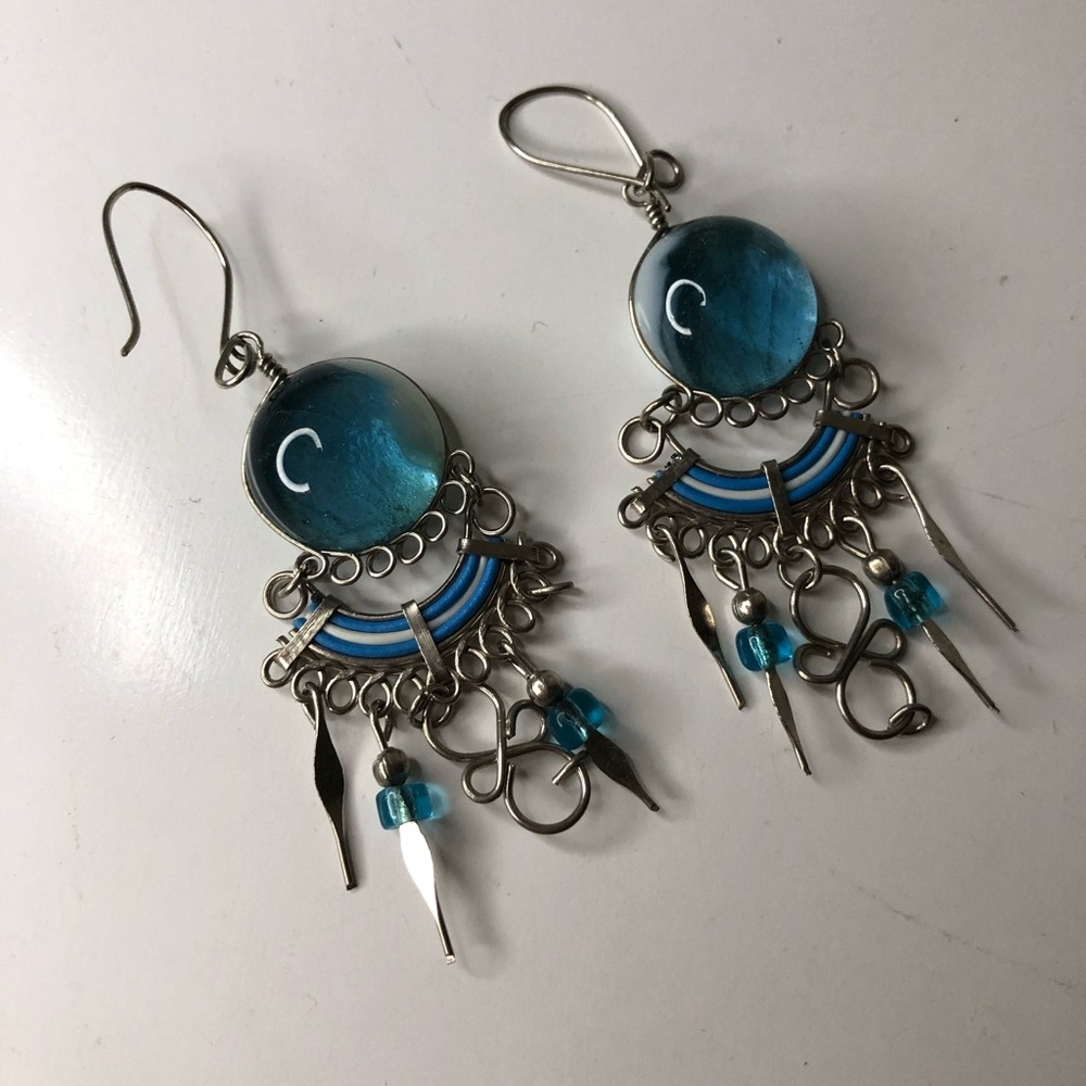 Blue Glass Dangle Earrings with Silver Accents